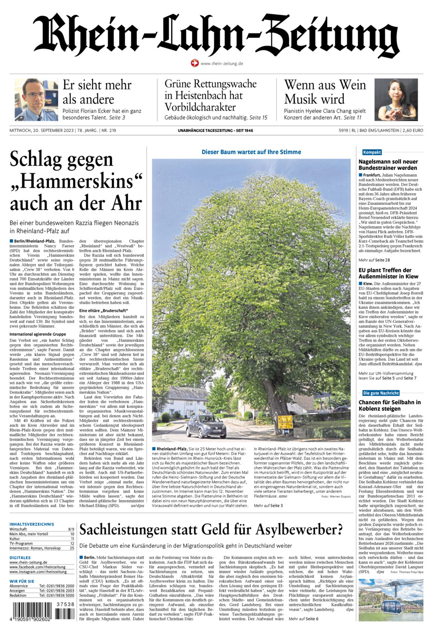 Rhein-Lahn-Zeitung vom Mittwoch, 20.09.2023
