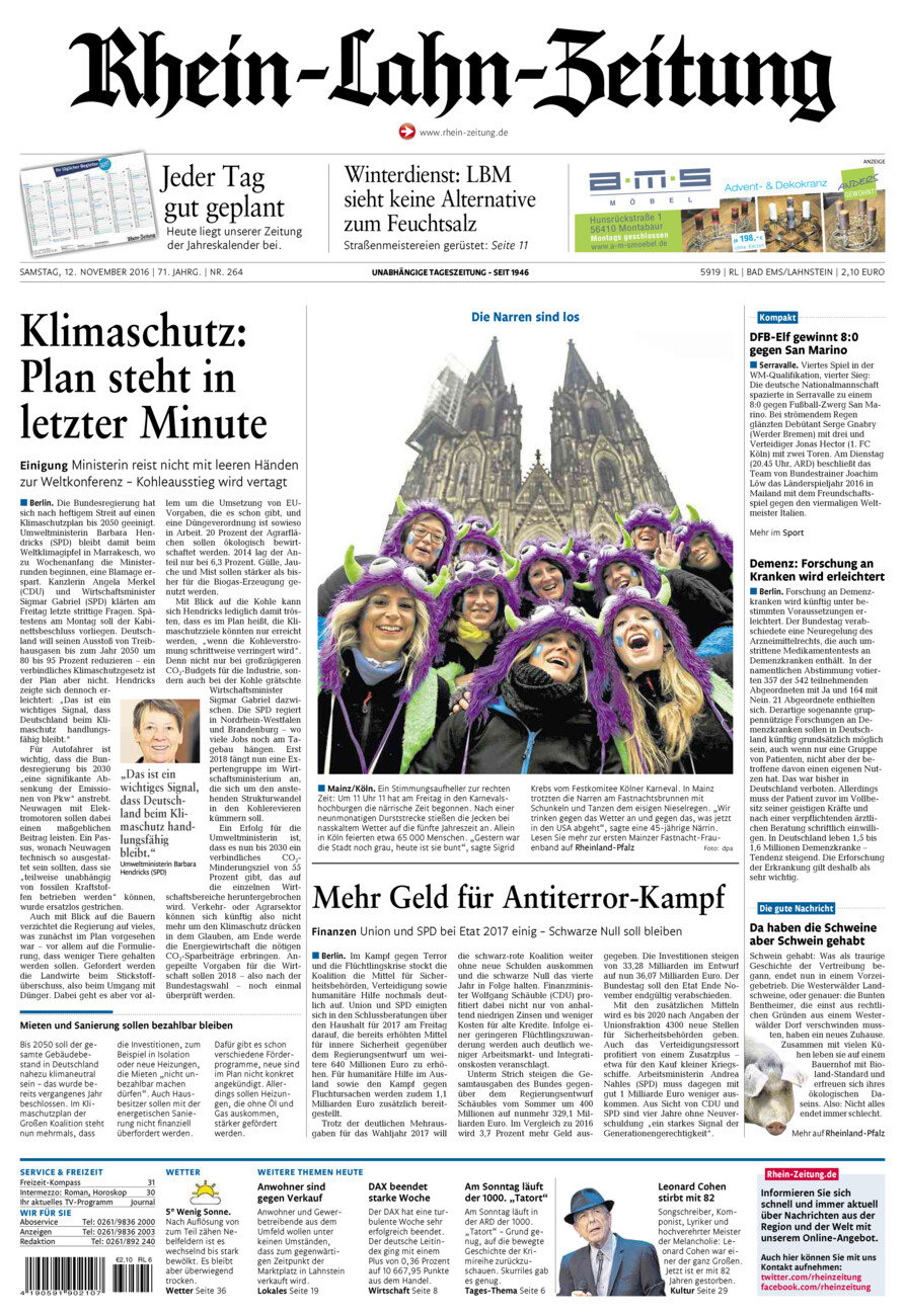Rhein-Lahn-Zeitung vom Samstag, 12.11.2016