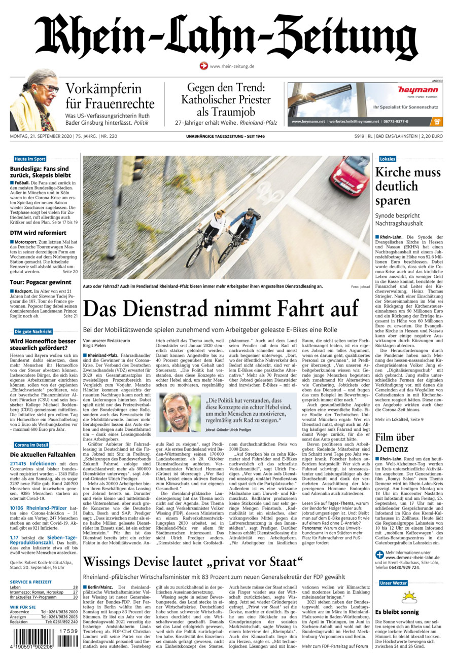 Rhein-Lahn-Zeitung vom Montag, 21.09.2020