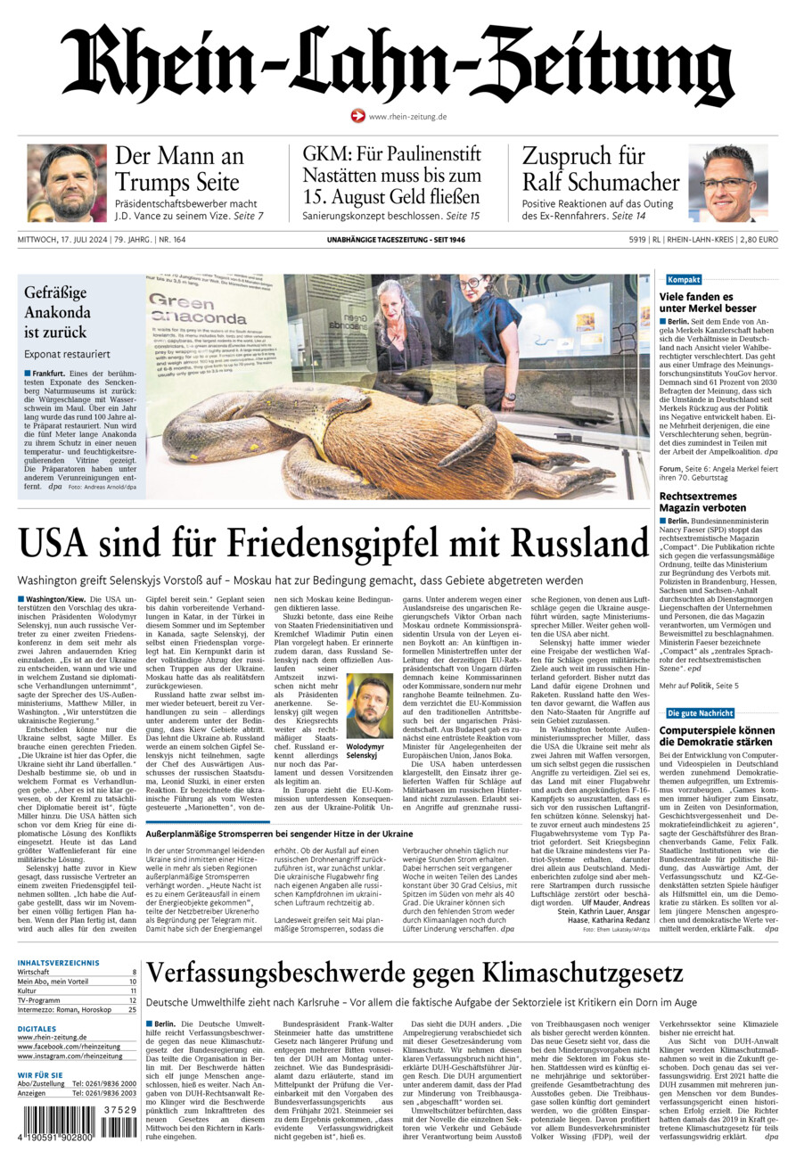 Rhein-Lahn-Zeitung vom Mittwoch, 17.07.2024