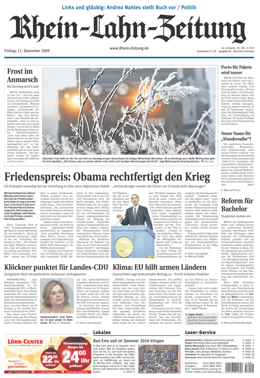 Rhein-Lahn-Zeitung vom Freitag, 11.12.2009