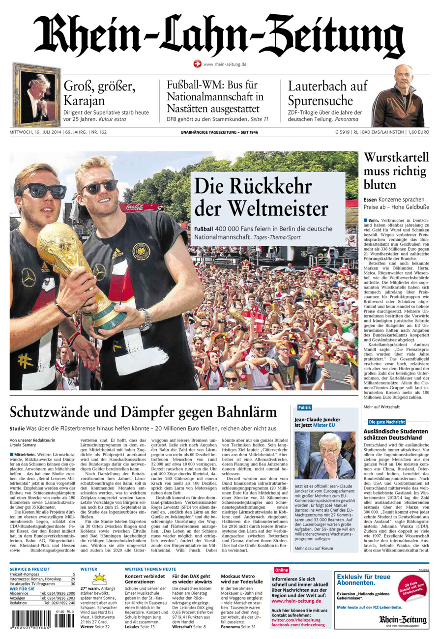 Rhein-Lahn-Zeitung vom Mittwoch, 16.07.2014