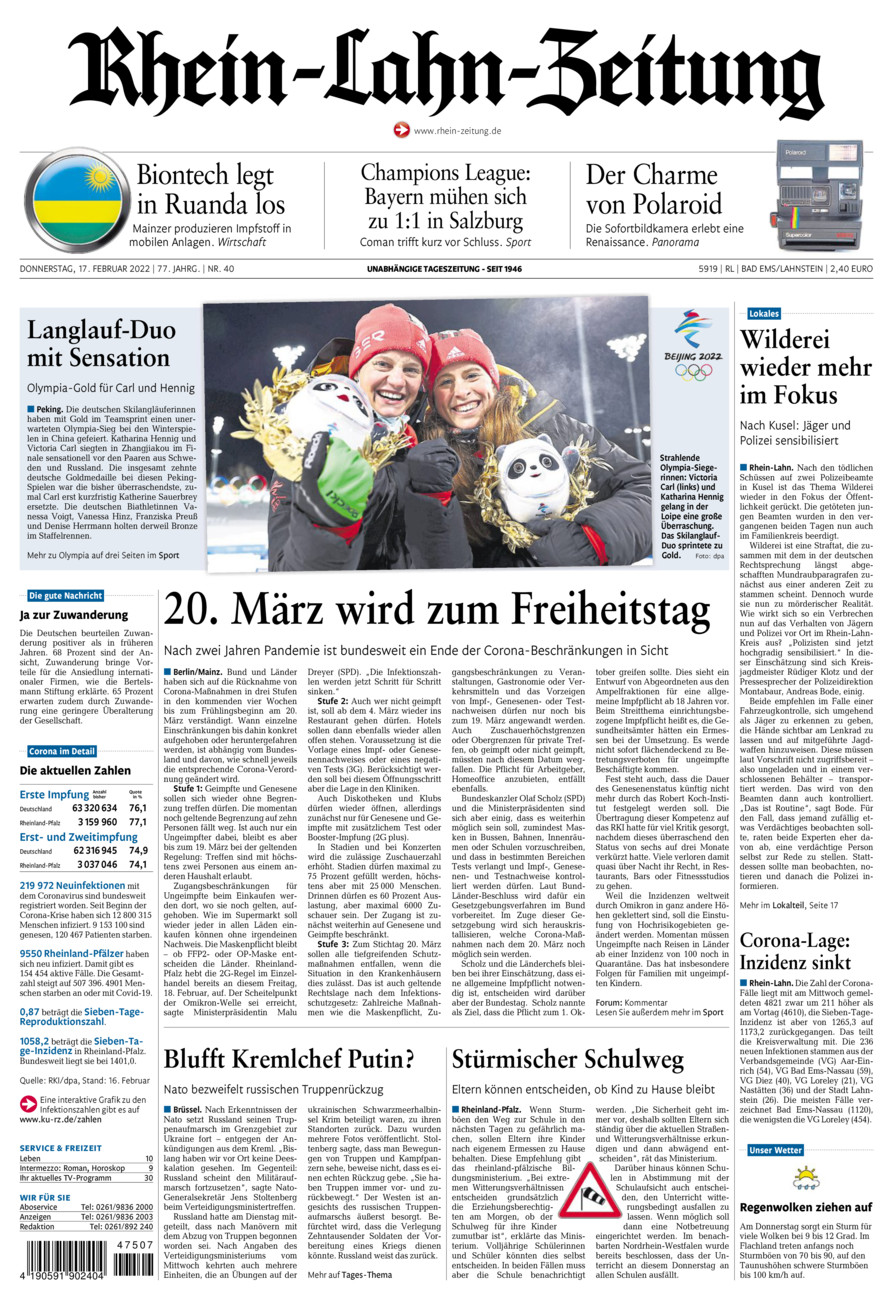 Rhein-Lahn-Zeitung vom Donnerstag, 17.02.2022