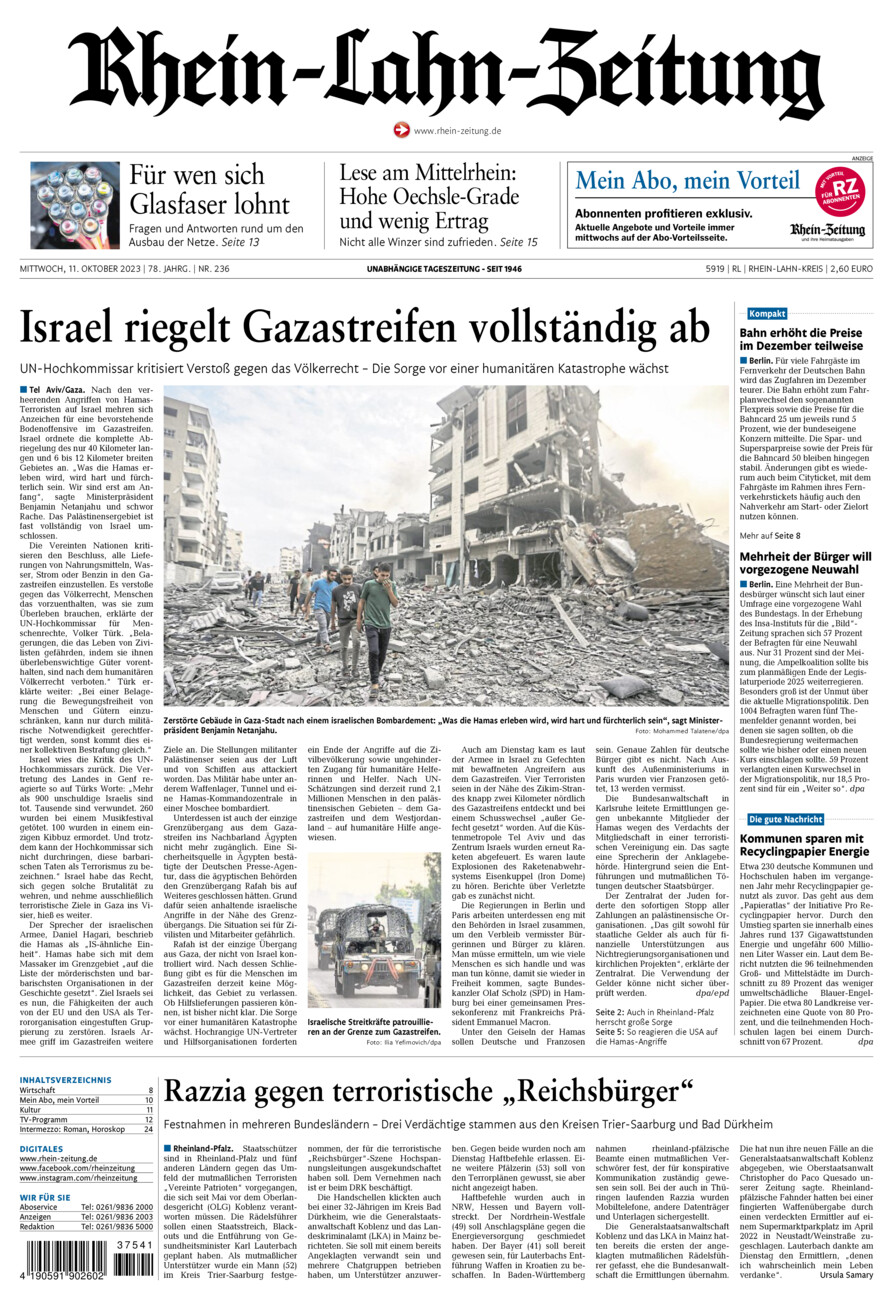 Rhein-Lahn-Zeitung vom Mittwoch, 11.10.2023