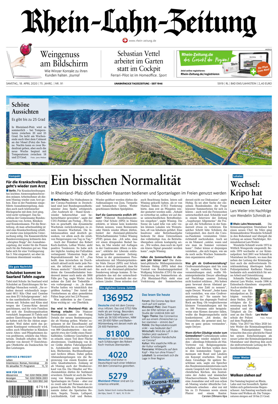 Rhein-Lahn-Zeitung vom Samstag, 18.04.2020