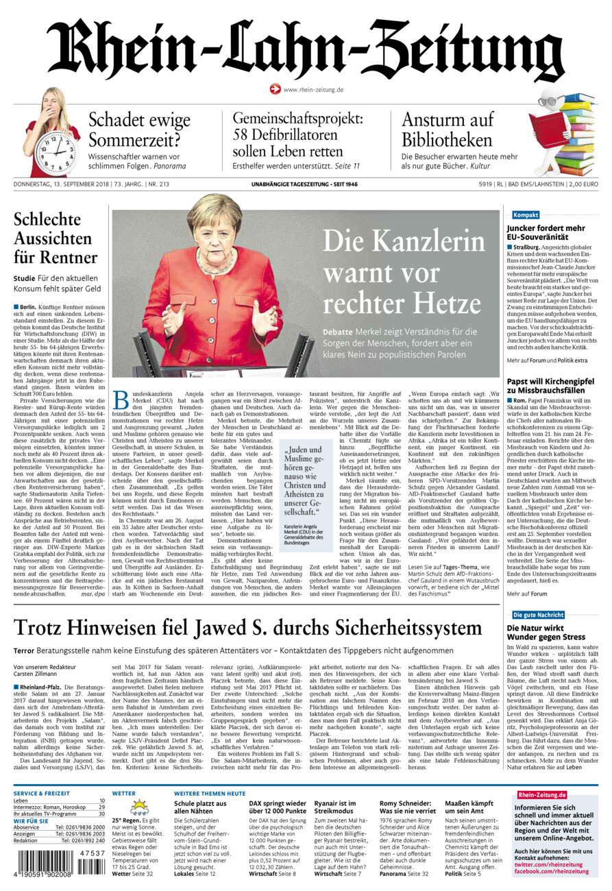 Rhein-Lahn-Zeitung vom Donnerstag, 13.09.2018
