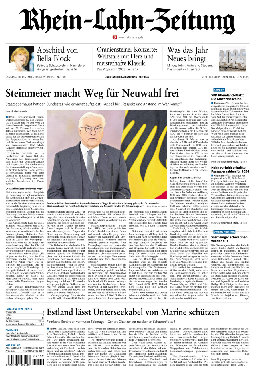 Rhein-Lahn-Zeitung vom Samstag, 28.12.2024