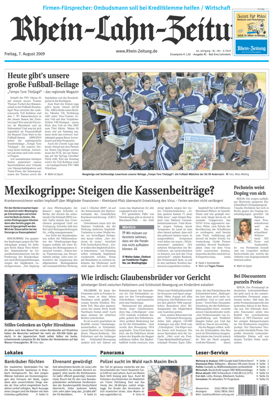 Rhein-Lahn-Zeitung vom Freitag, 07.08.2009