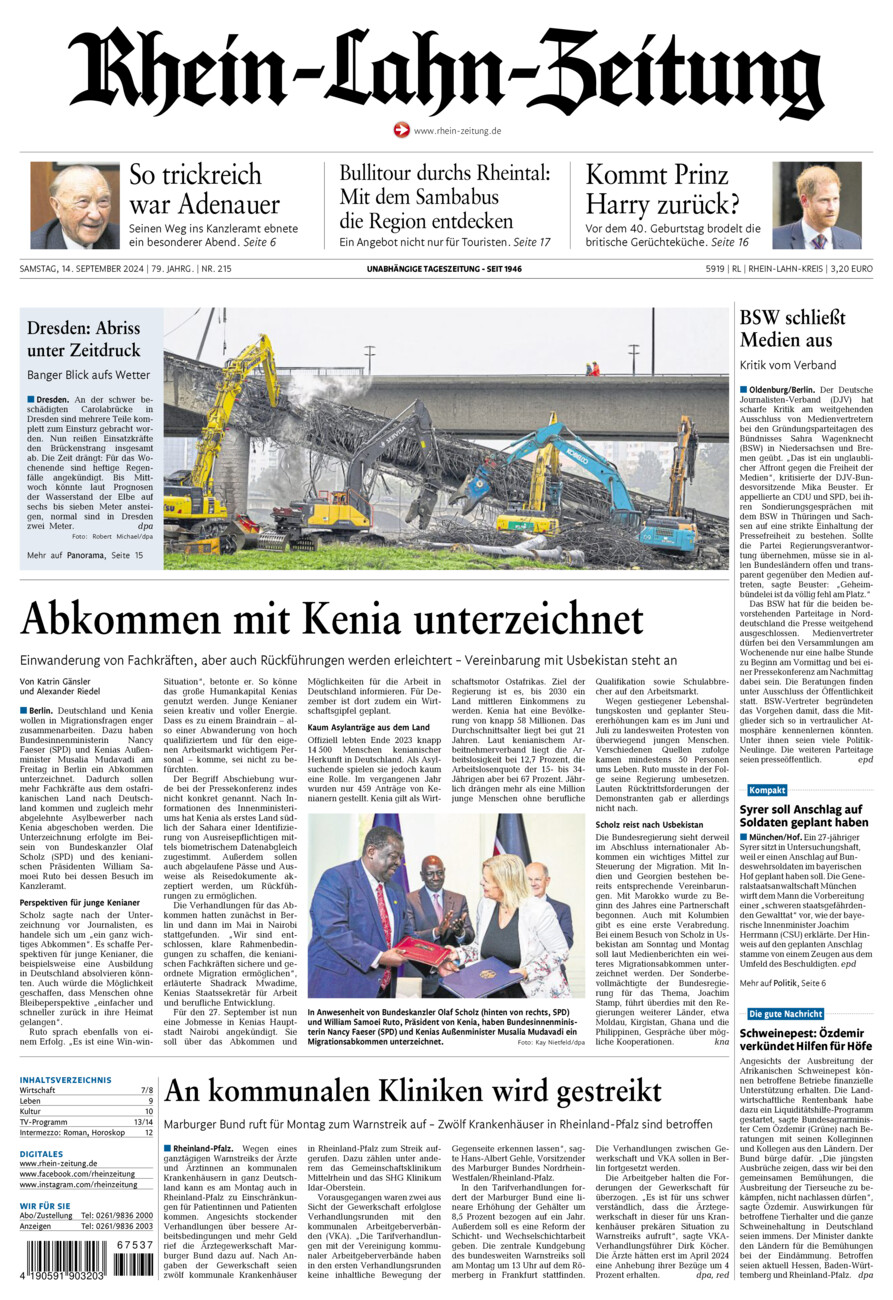 Rhein-Lahn-Zeitung vom Samstag, 14.09.2024