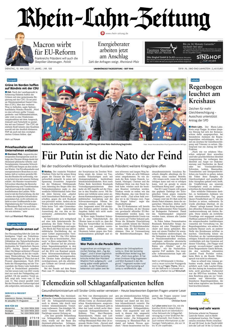 Rhein-Lahn-Zeitung vom Dienstag, 10.05.2022
