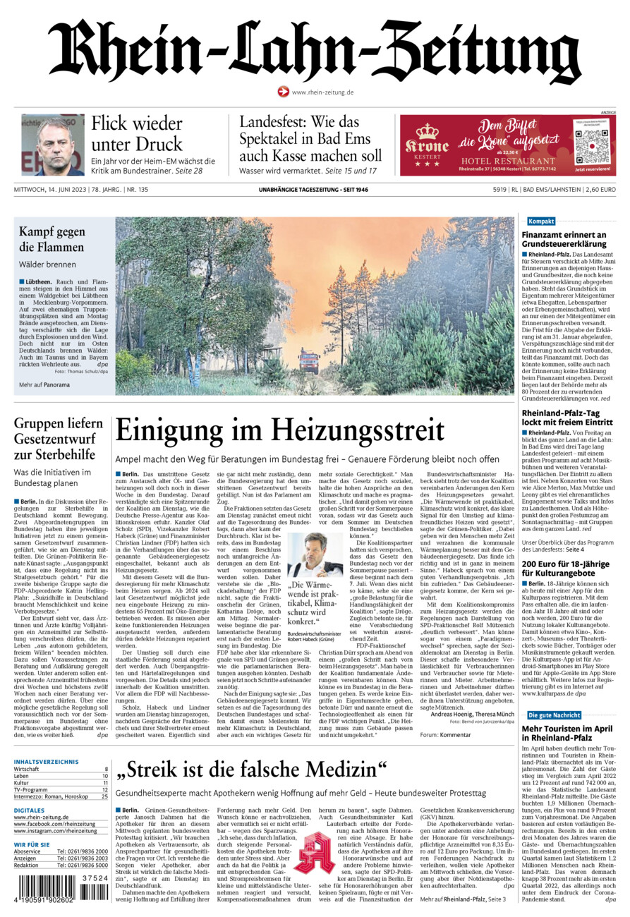 Rhein-Lahn-Zeitung vom Mittwoch, 14.06.2023