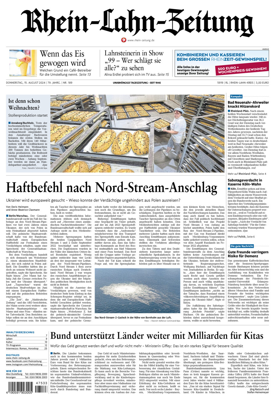 Rhein-Lahn-Zeitung vom Donnerstag, 15.08.2024