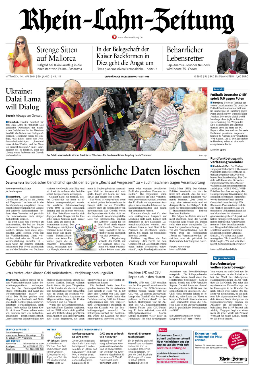 Rhein-Lahn-Zeitung vom Mittwoch, 14.05.2014