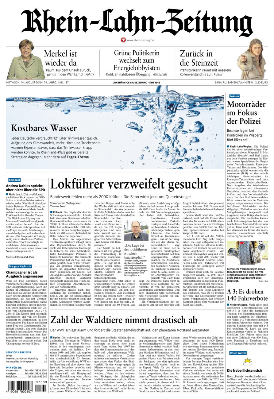 Rhein-Lahn-Zeitung vom Mittwoch, 14.08.2019