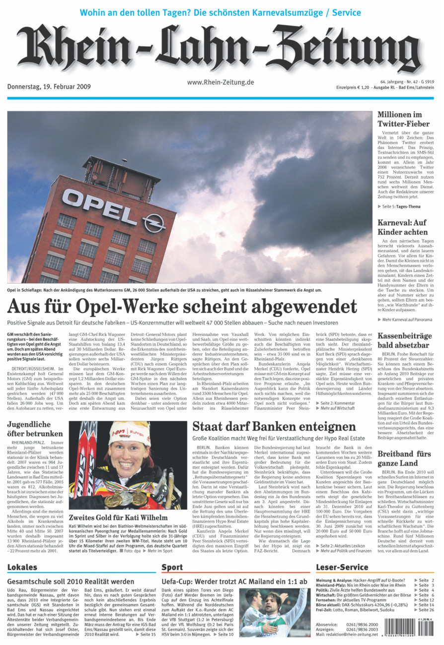 Rhein-Lahn-Zeitung vom Donnerstag, 19.02.2009