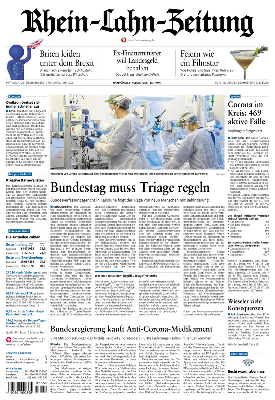 Rhein-Lahn-Zeitung vom Mittwoch, 29.12.2021
