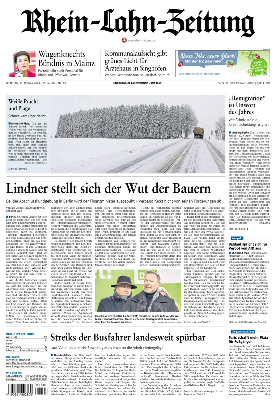 Rhein-Lahn-Zeitung vom Dienstag, 16.01.2024