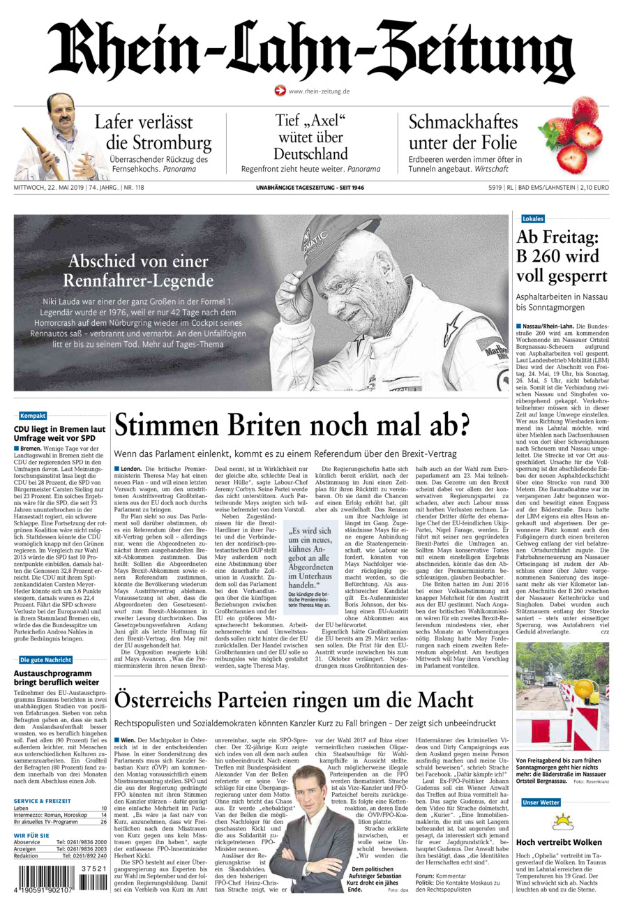 Rhein-Lahn-Zeitung vom Mittwoch, 22.05.2019