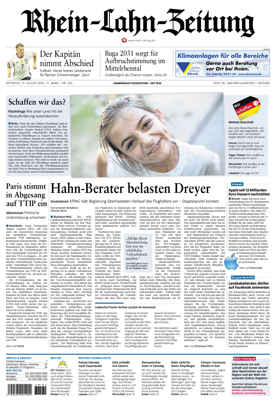 Rhein-Lahn-Zeitung vom Mittwoch, 31.08.2016