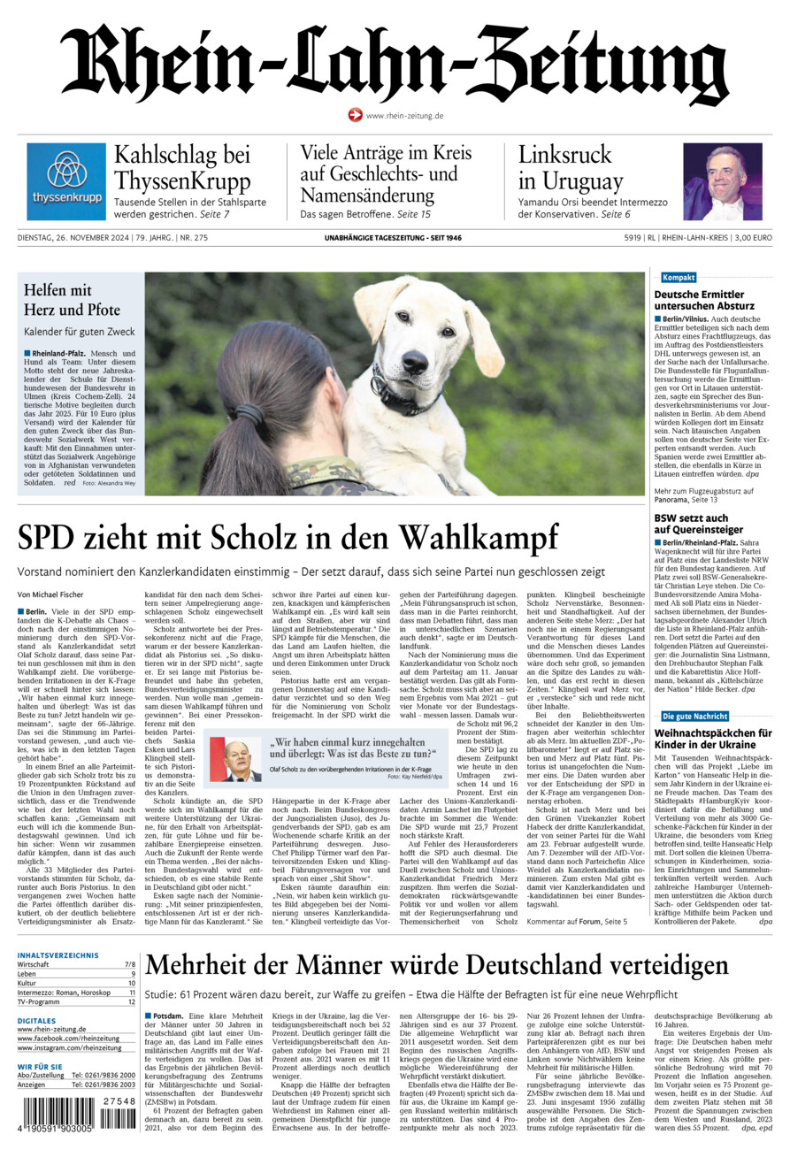 Rhein-Lahn-Zeitung vom Dienstag, 26.11.2024