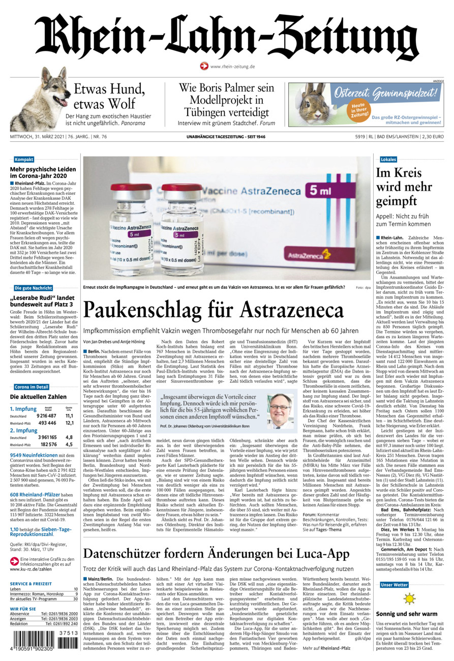 Rhein-Lahn-Zeitung vom Mittwoch, 31.03.2021