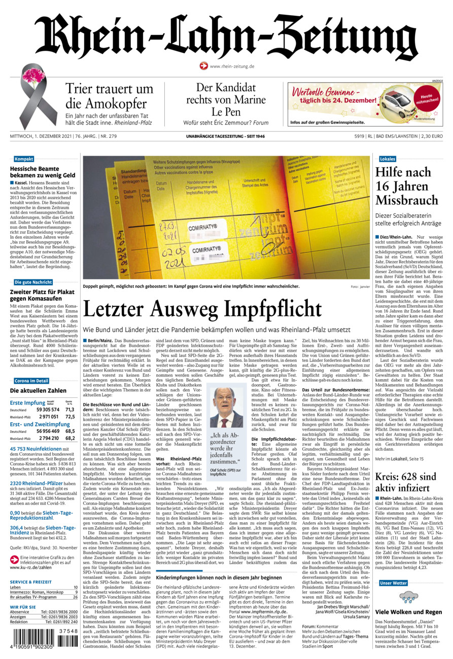 Rhein-Lahn-Zeitung vom Mittwoch, 01.12.2021