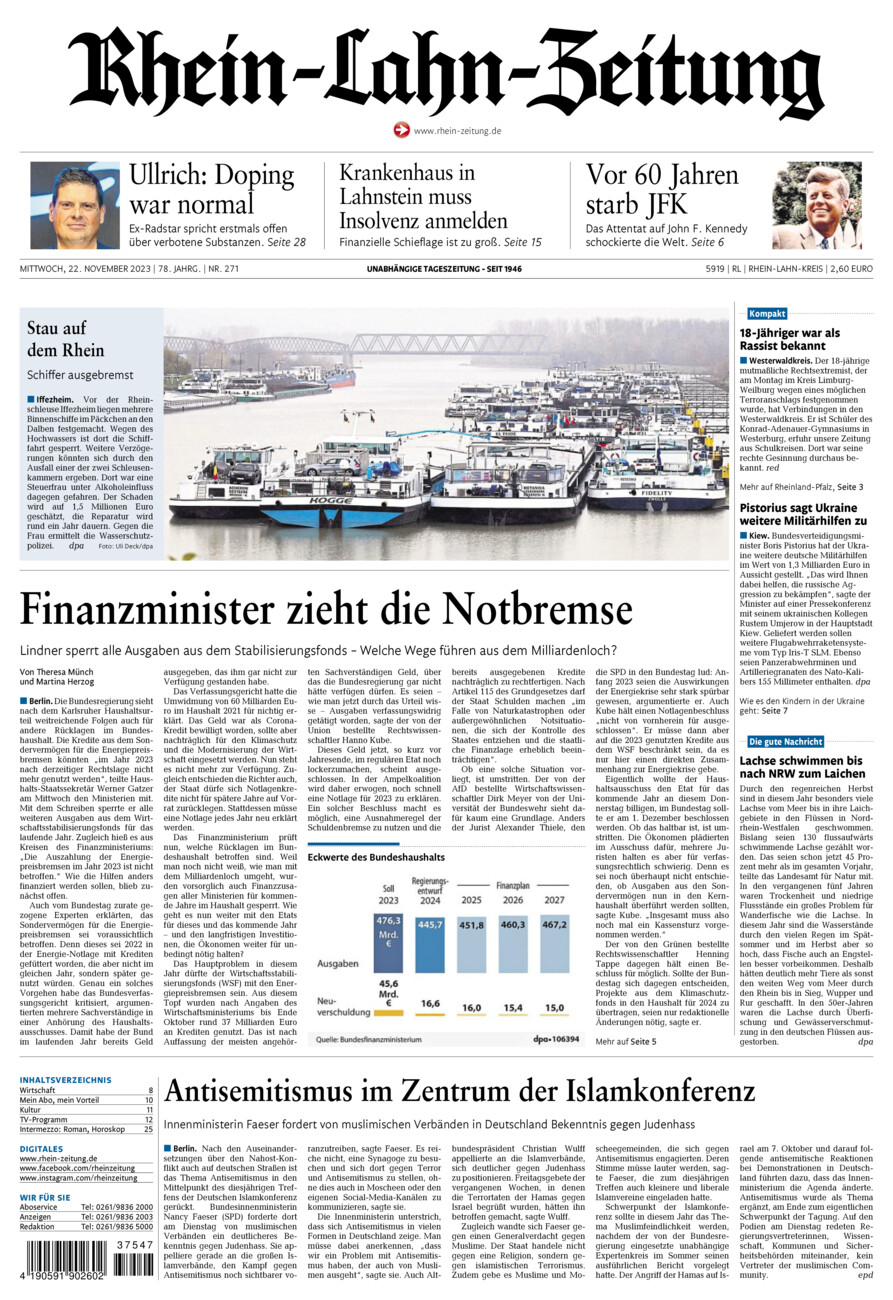 Rhein-Lahn-Zeitung vom Mittwoch, 22.11.2023