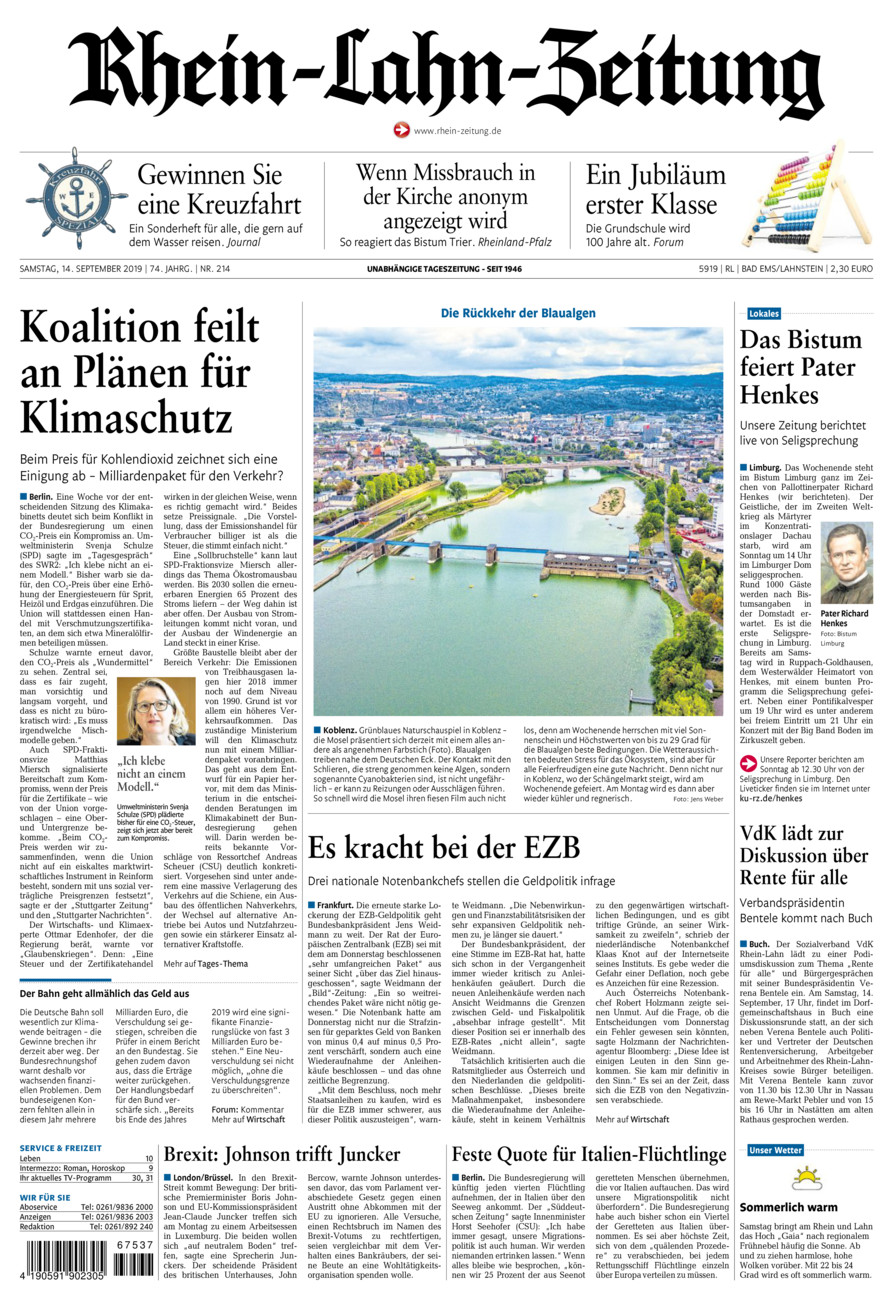 Rhein-Lahn-Zeitung vom Samstag, 14.09.2019