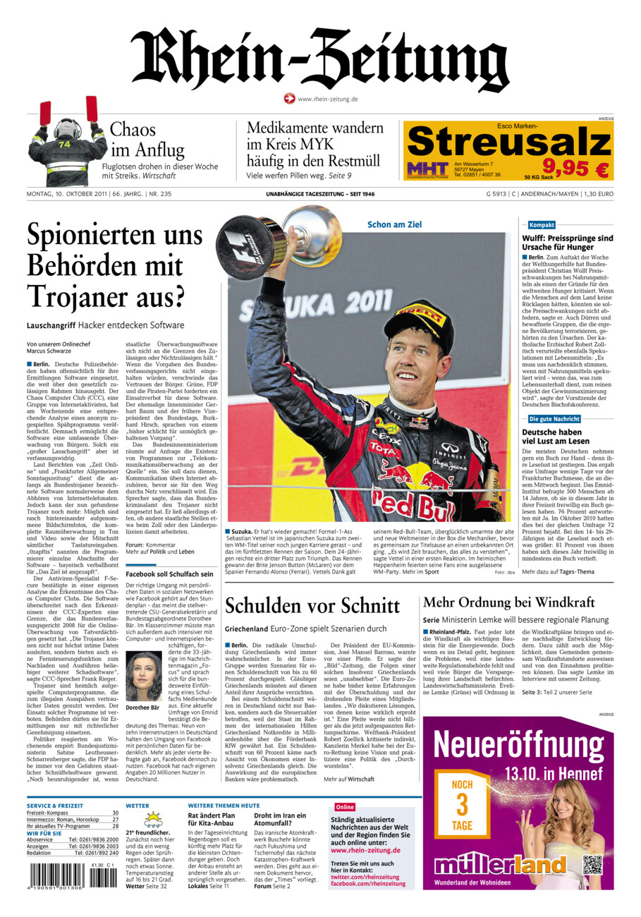 Rhein-Zeitung Andernach & Mayen vom Montag, 10.10.2011