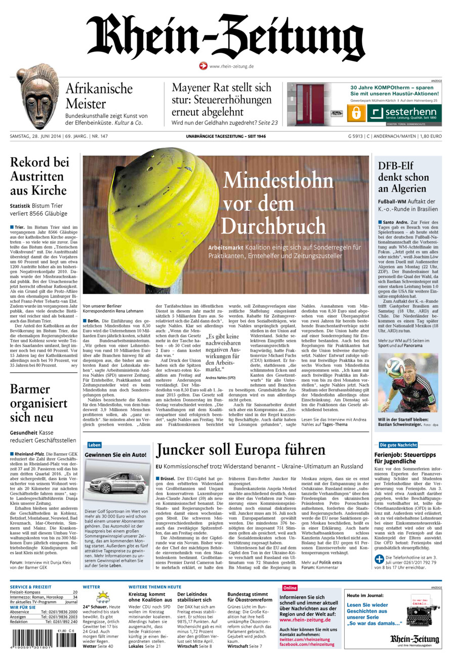 Rhein-Zeitung Andernach & Mayen vom Samstag, 28.06.2014