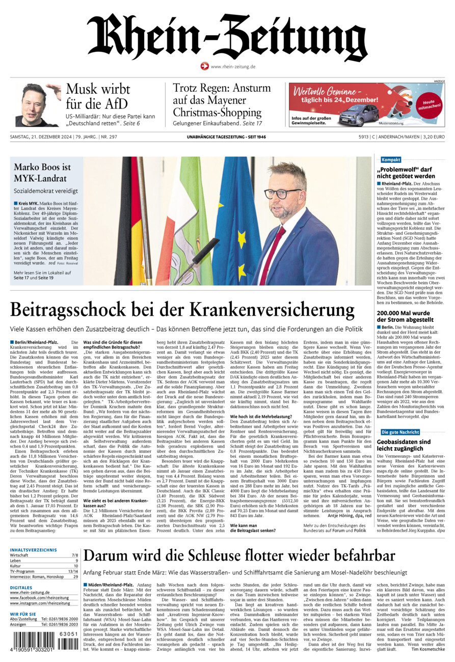 Rhein-Zeitung Andernach & Mayen vom Samstag, 21.12.2024