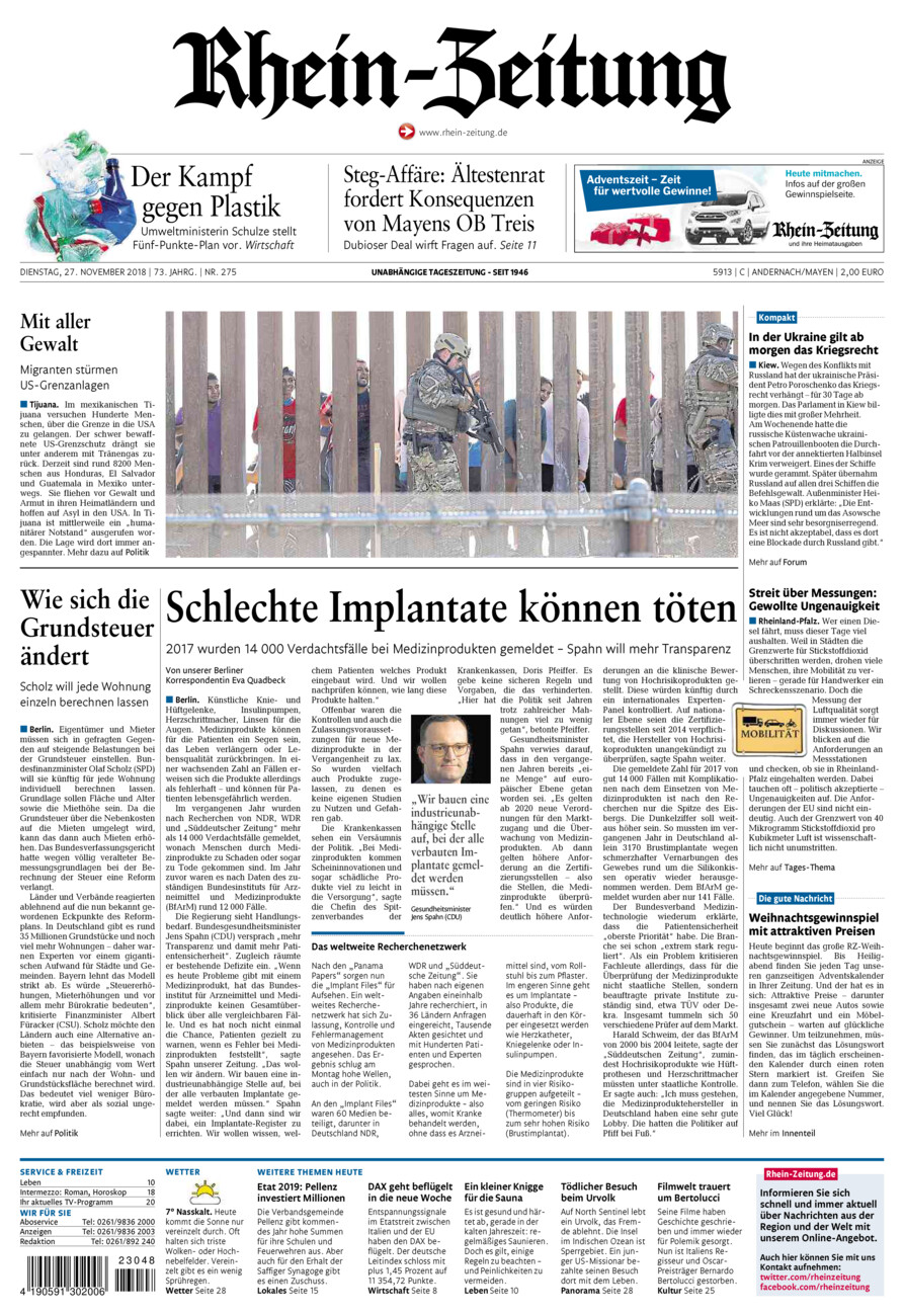 Rhein-Zeitung Andernach & Mayen vom Dienstag, 27.11.2018