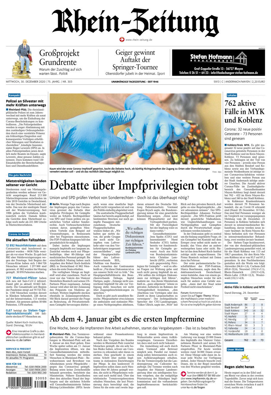Rhein-Zeitung Andernach & Mayen vom Mittwoch, 30.12.2020