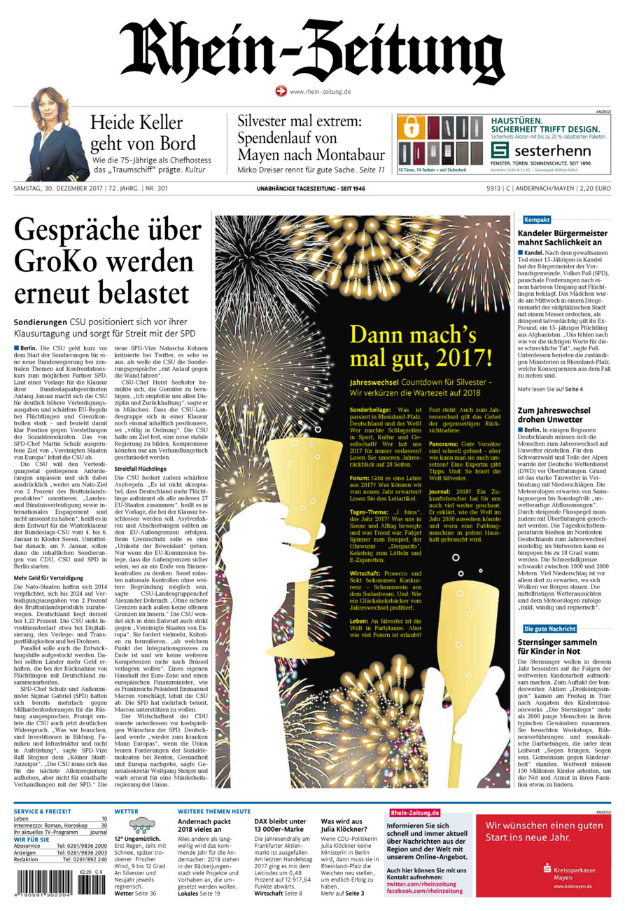 Rhein-Zeitung Andernach & Mayen vom Samstag, 30.12.2017