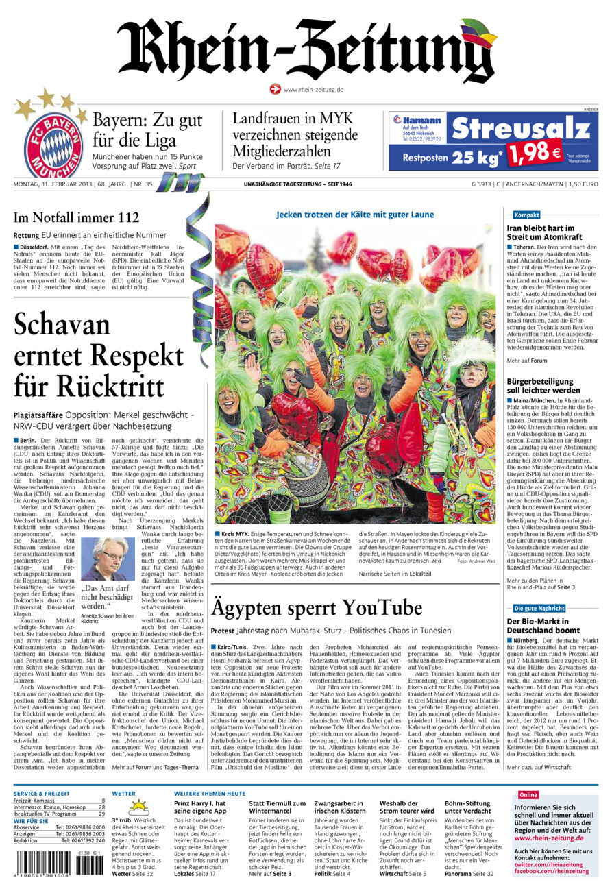 Rhein-Zeitung Andernach & Mayen vom Montag, 11.02.2013