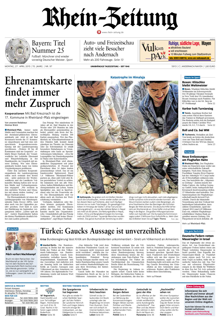 Rhein-Zeitung Andernach & Mayen vom Montag, 27.04.2015
