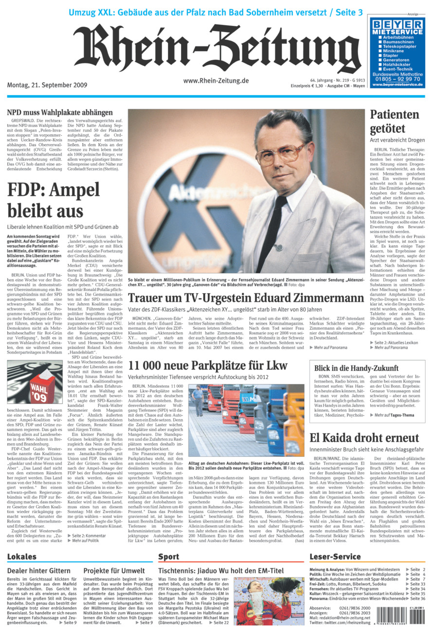 Rhein-Zeitung Andernach & Mayen vom Montag, 21.09.2009