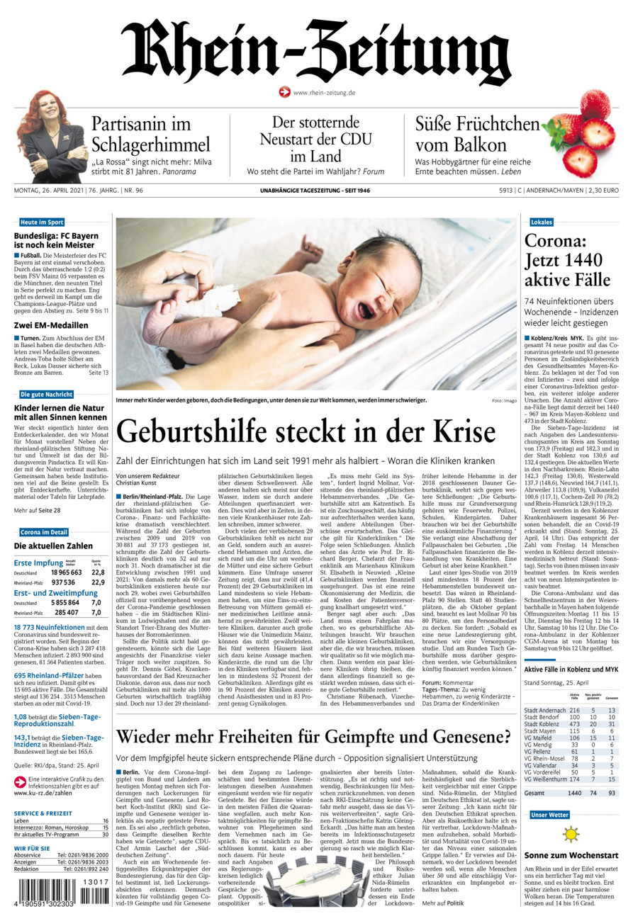 Rhein-Zeitung Andernach & Mayen vom Montag, 26.04.2021