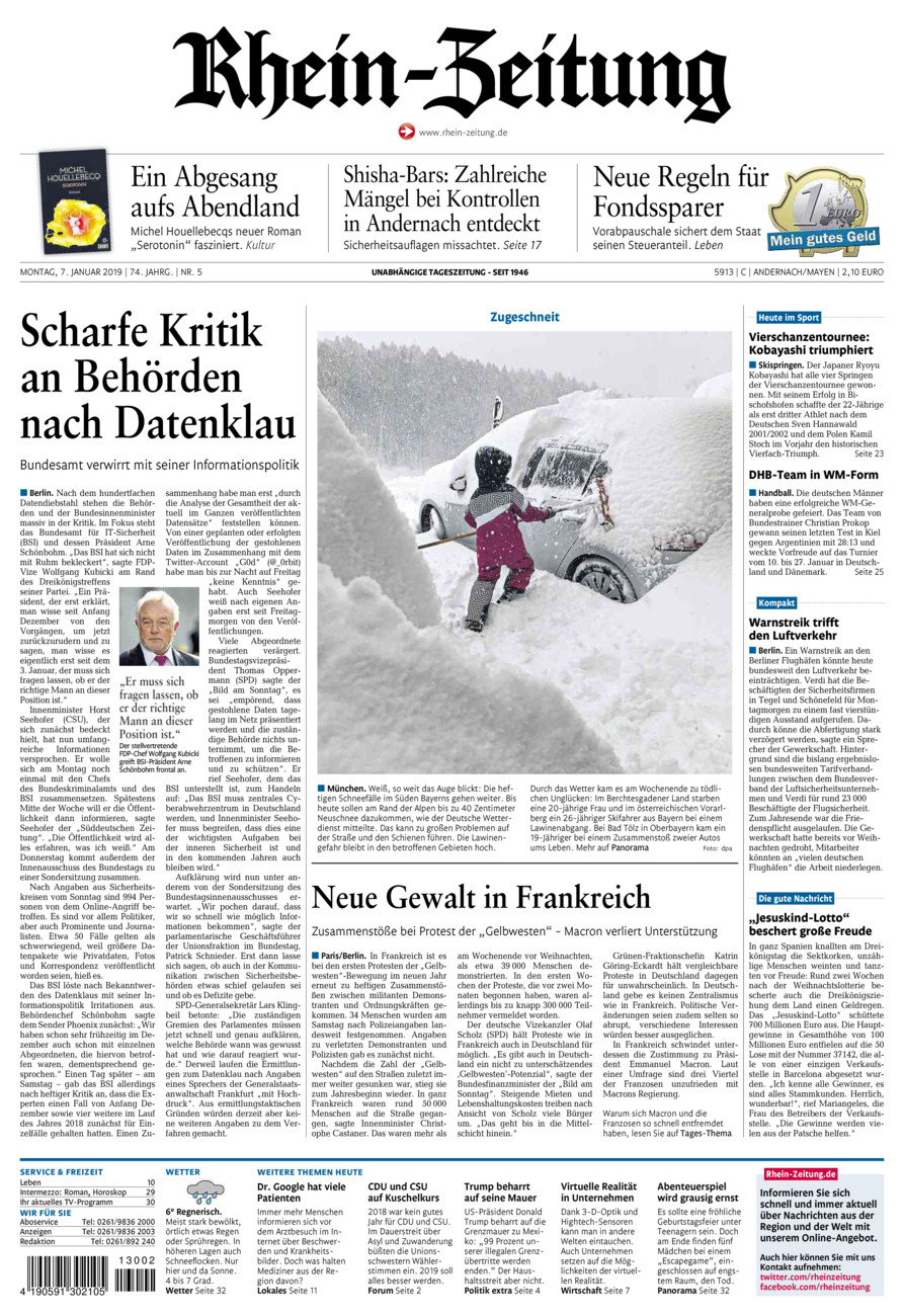 Rhein-Zeitung Andernach & Mayen vom Montag, 07.01.2019