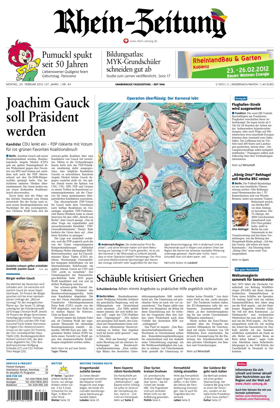 Rhein-Zeitung Andernach & Mayen vom Montag, 20.02.2012