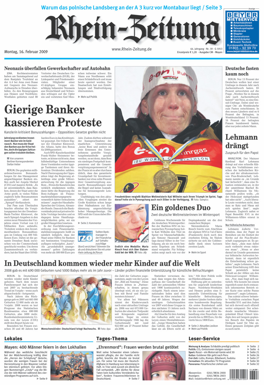 Rhein-Zeitung Andernach & Mayen vom Montag, 16.02.2009