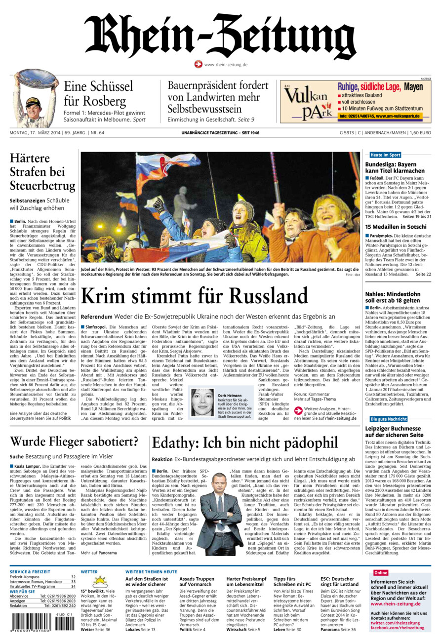 Rhein-Zeitung Andernach & Mayen vom Montag, 17.03.2014