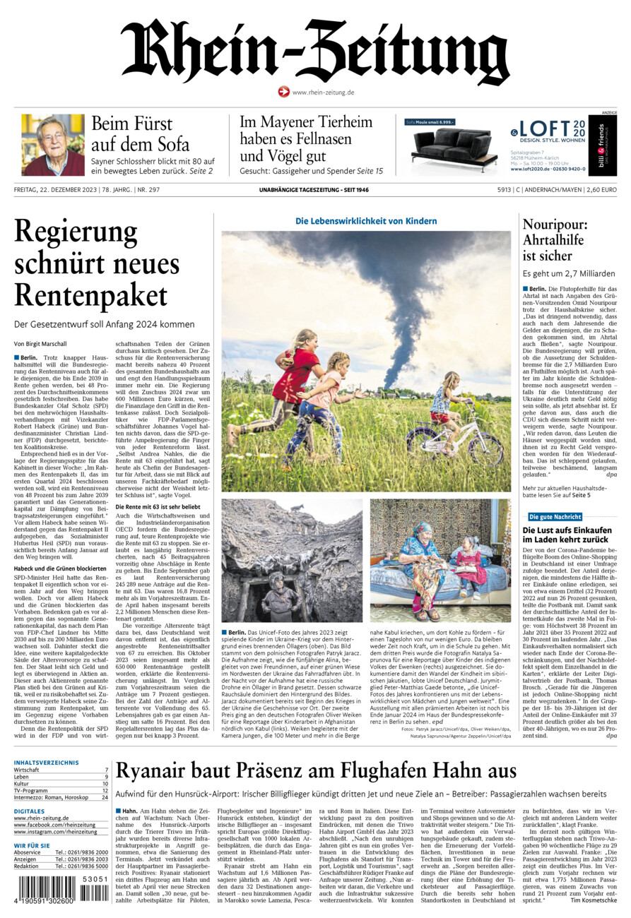 Rhein-Zeitung Andernach & Mayen vom Freitag, 22.12.2023