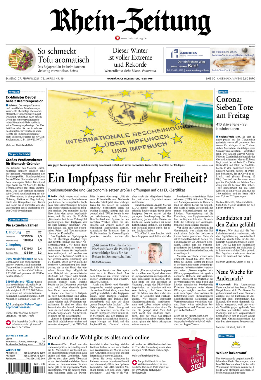 Rhein-Zeitung Andernach & Mayen vom Samstag, 27.02.2021