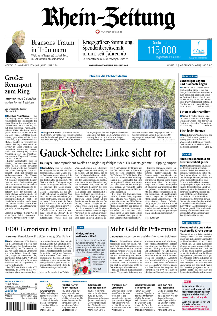 Rhein-Zeitung Andernach & Mayen vom Montag, 03.11.2014