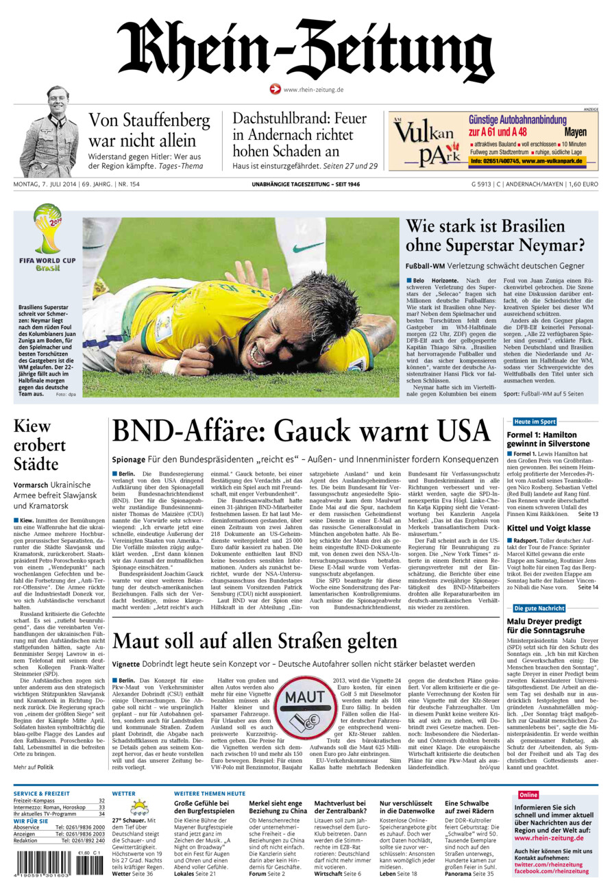 Rhein-Zeitung Andernach & Mayen vom Montag, 07.07.2014