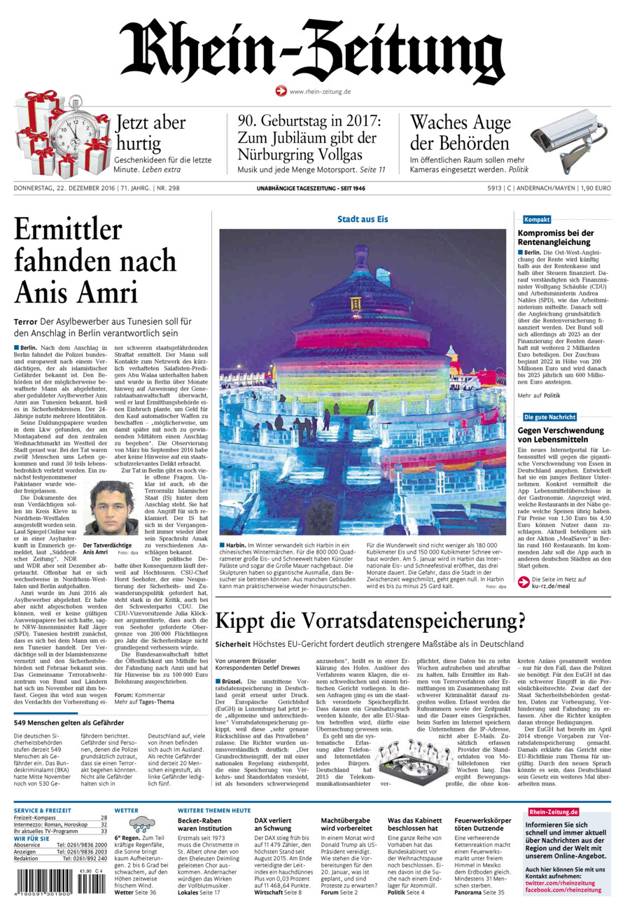 Rhein-Zeitung Andernach & Mayen vom Donnerstag, 22.12.2016