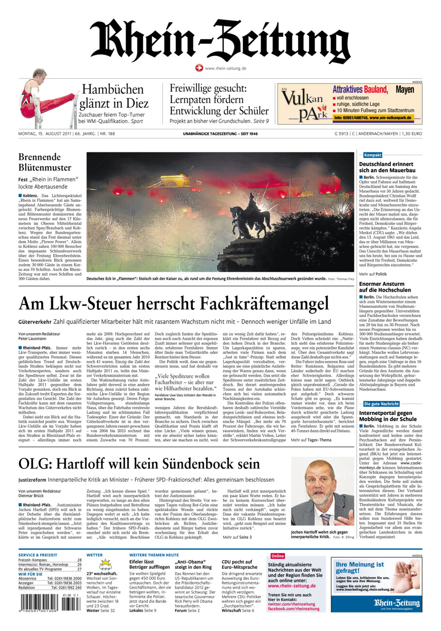 Rhein-Zeitung Andernach & Mayen vom Montag, 15.08.2011