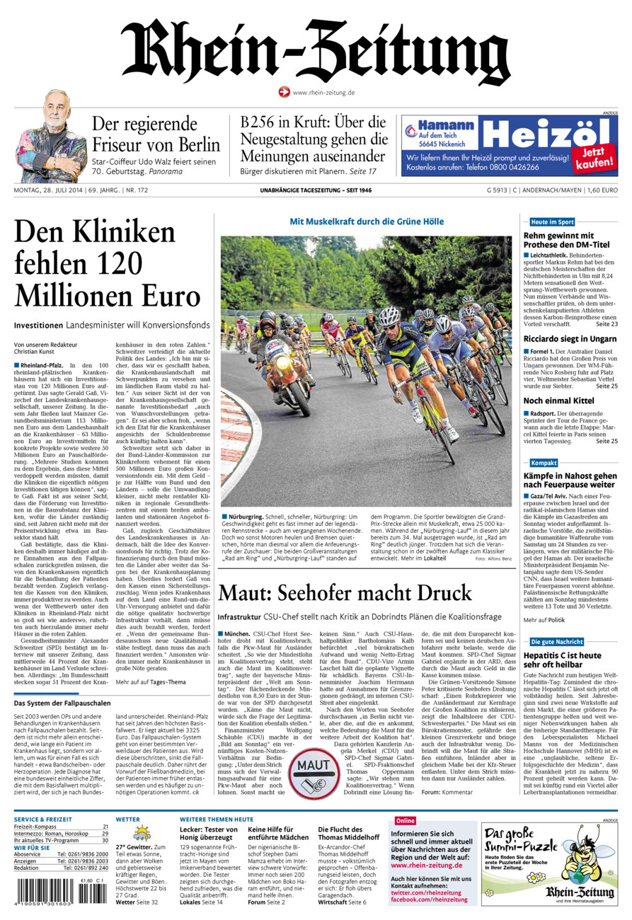 Rhein-Zeitung Andernach & Mayen vom Montag, 28.07.2014