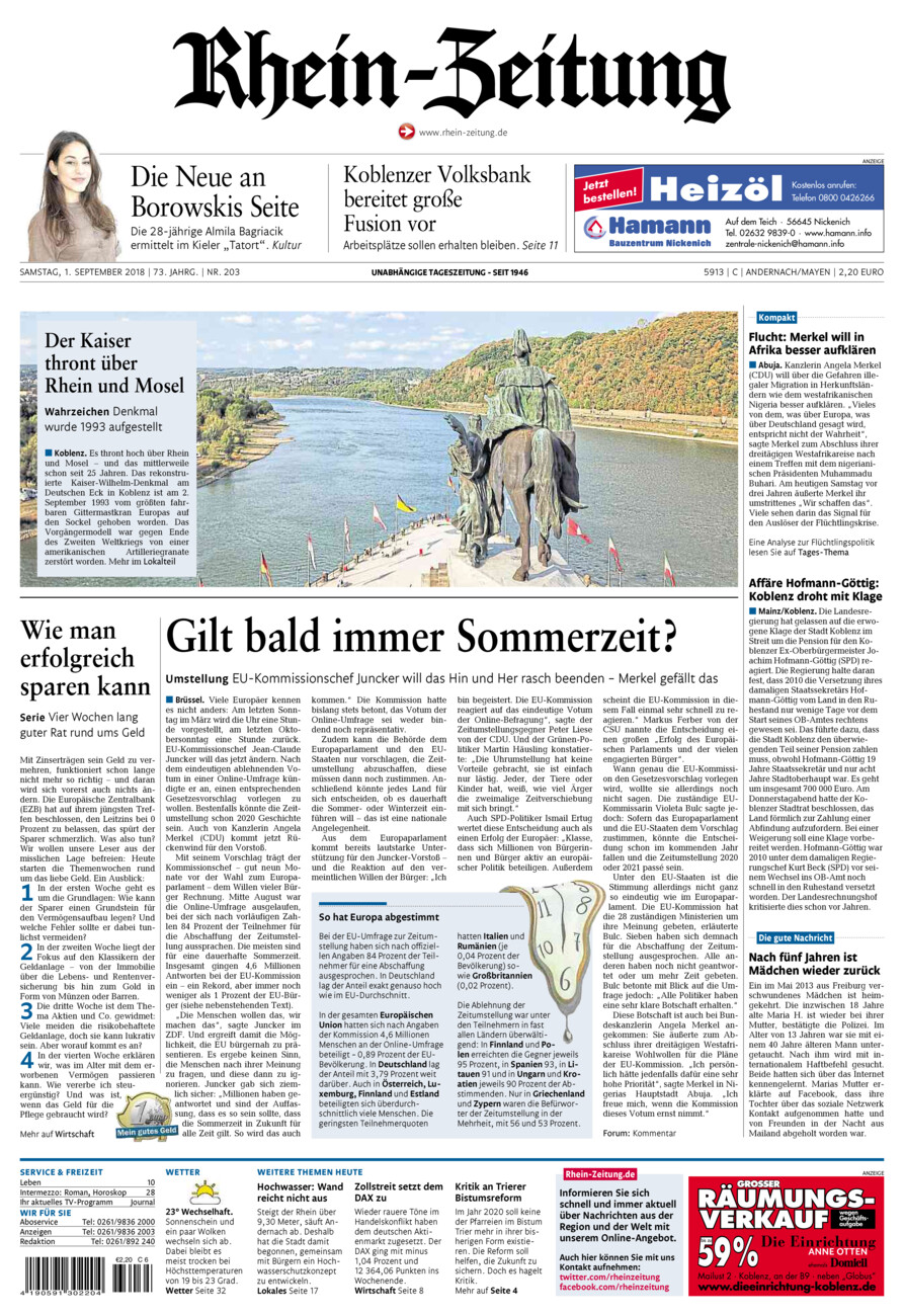 Rhein-Zeitung Andernach & Mayen vom Samstag, 01.09.2018